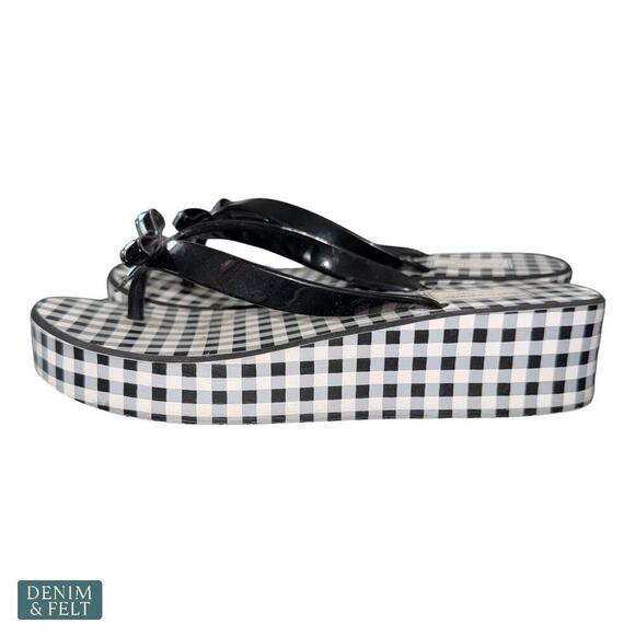 Kate Spade Rina Wedge Flip Flops Black Gingham Bow Sandals Size 7B Women’s - Picture 7 of 14